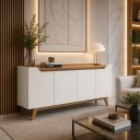 Ver imagem 1 de Buffet Aparador 4 Portas com Pés de Madeira Ravena 180cm Sala de Estar Jantar - Offwhite / Cedro