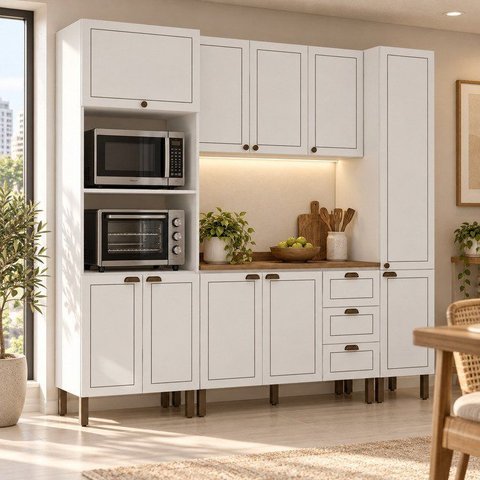 Cozinha Modulada Completa Americana com Torre Forno e Micro e Paneleiro com Tampo