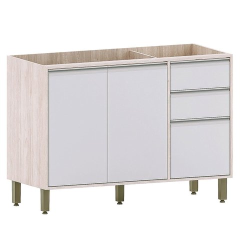 Balcão de Pia para Cozinha 120 Cm 2 Portas 3 Gavetas Atenas Cinza Cristal