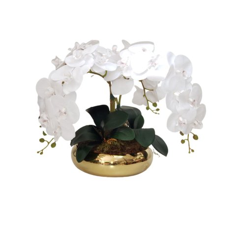 Arranjo Flores 4 Orquídeas Branca Artificial e Vaso Dourado
