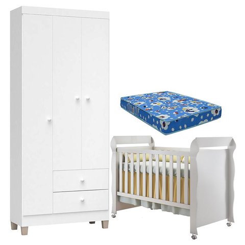 Berço Americano Mirelle com Colchão para Berço Americano e Guarda Roupa Ternura Baby 3 Portas Branco