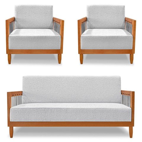 Kit 2 Poltronas e Sofá Living 2 Lugares Marilia 1,60m Linho Base em Madeira Castanho - Pallazio Cor