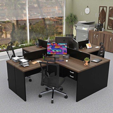 Estação de Trabalho com 4 Escrivaninhas em L Office Preto/Nogal