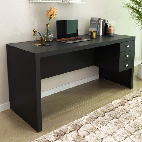 Mesa Escrivaninha Reversivel Engrossurada 155cm 3 Gavetas Preto - Tecno Mobili