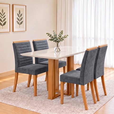 Conjunto Sala de Jantar Mesa Manu 120cm Tampo MDF e Vidro Canto Reto 4 Cadeiras Tainá