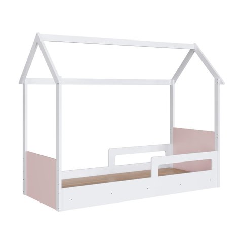 Cama Infantil Montessoriana com Protetor Lateral 201X95cm Branco/Rosa