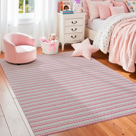 Tapete Sala Quarto Infantil 2,00 X 1,40m Rosa Chevron Artesanal Antiderrapante Moderno Rústico