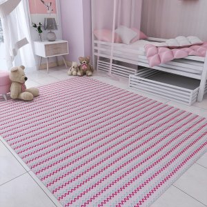 Tapete Sala Quarto Infantil 2,00 X 1,40m Rosa Chevron Artesanal Antiderrapante Moderno Rústico