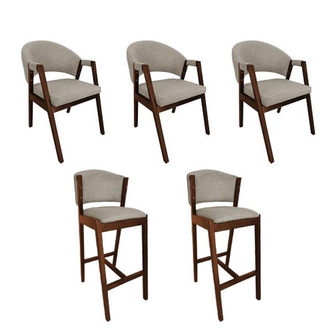 Kit 3 Cadeiras de Jantar Helen com 2 Banquetas Ana Madeira Maciça Mel Premium Linho Bege