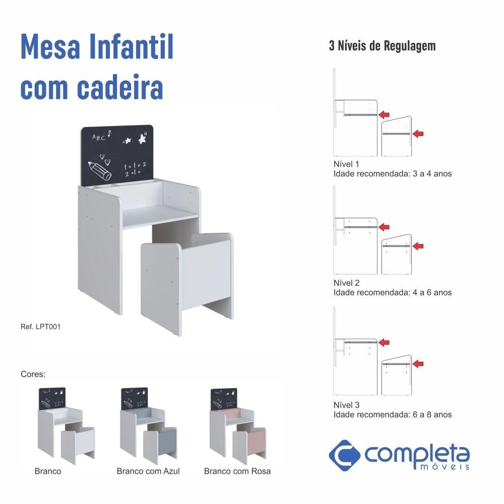 Mesinha Infantil com Lousa e Cadeira Lpt001 Linha Le Petit Completa Móveis - Branco/rosa - 3