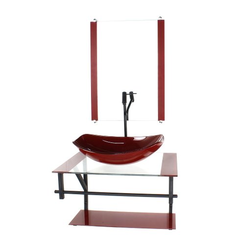 GABINETE DE VIDRO PARA BANHEIRO 60CM AP CUBA OVAL CHANFRADA VERMELHO CEREJA COM TORNEIRA PRETA
