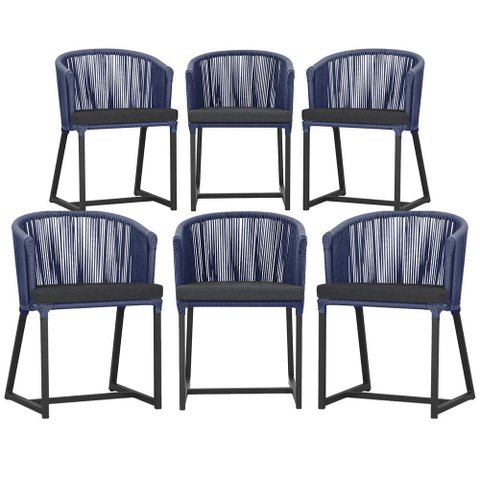 6 Cadeiras de Jantar Área Noronha em Alumínio com Pintura Preta Corda Náutica Estofado 11 Trama Orig
