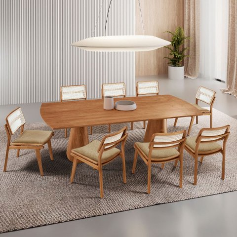 Sala de Jantar Mesa Noronha 220cm Tampo Laminado Canto Barril com 8 Cadeiras Eva Premium