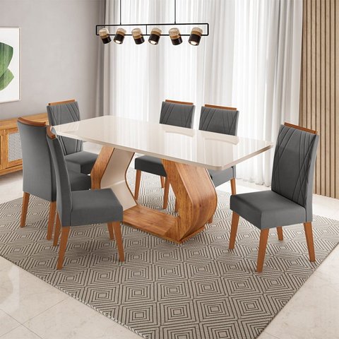 Conjunto Sala de Jantar 6 Lugares Retangular Tampo de Vidro e MDF Advance Yescasa Cinza/Mel/Off Whit