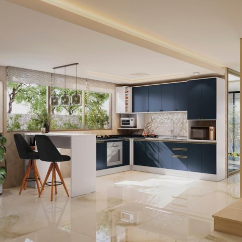 Cozinha de Canto Modulada Celeste Kappesberg 100% Mdf Branco/azul