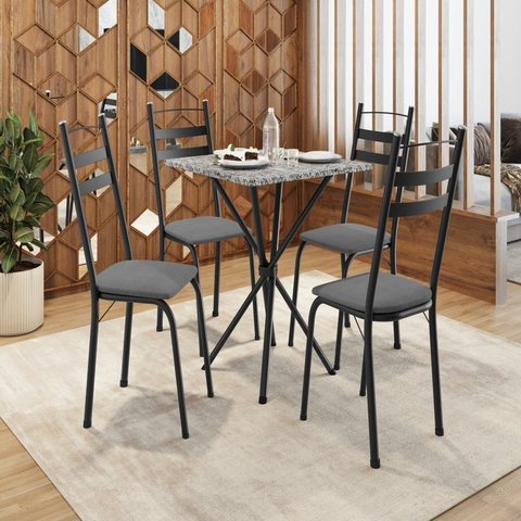 Conjunto Sala de Jantar Mesa Quadrada 70cm Tampo Granito com 4 Cadeiras Milla Preto/Platina/Ocre