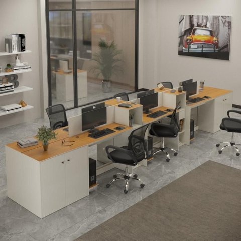 Estação de Trabalho 6 Lugares Noruega Office 6 Mesas 4 Armários 4 Aparadores -via Nossa -off White