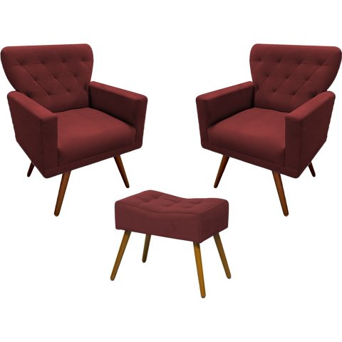 Kit 2 Poltronas Decorativa Aurora + 1 Puff Retangular Suede Marsala Pés Madeira Mz Decor