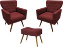 Ver imagem 1 de Kit 2 Poltronas Decorativa Aurora + 1 Puff Retangular Suede Marsala Pés Madeira Mz Decor