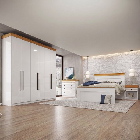 Conjunto para Quarto de Casal Completo England Moderno em MDF Branco/Freijó
