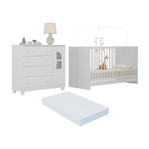 Berço 3 em 1 com Colchão Incluso e Cômoda 1 Porta 4 Gavetas Nina Multimóveis Mp4768 Branco