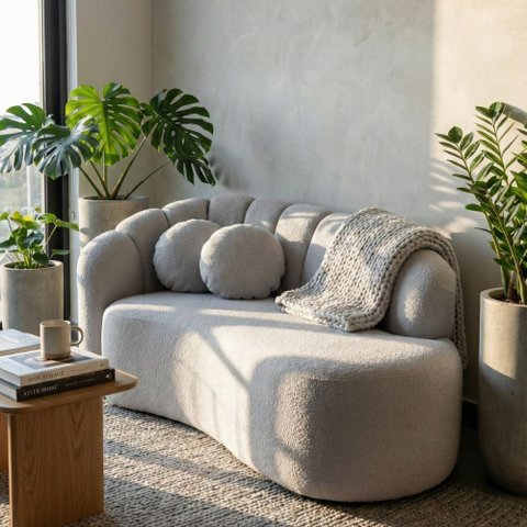 Sofá Curvo 3LUGARES Orgânico Recepção Estar Confortável Serena Boucle Cinza Claro- Montanari'S Decor