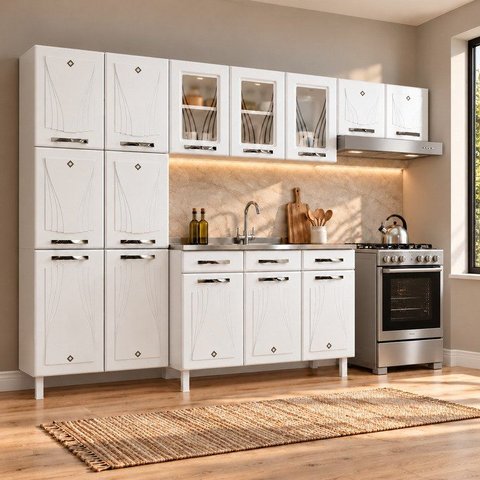 Cozinha Completa Modulada 14 Portas 2 Gavetas 3 Vidros Star New Branco