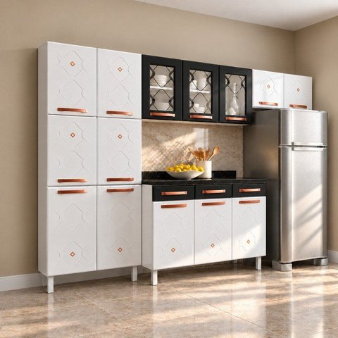 Cozinha Completa Modulada 14 Portas 2 Gavetas 3 Vidros Mirage New Branco/Preto