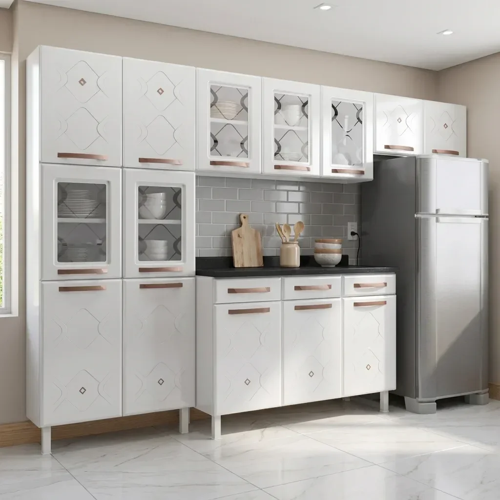 Cozinha Completa de Aço 4 Peças Decoradas com Paneleiro e Balcão com Tampo Mirage New Branco