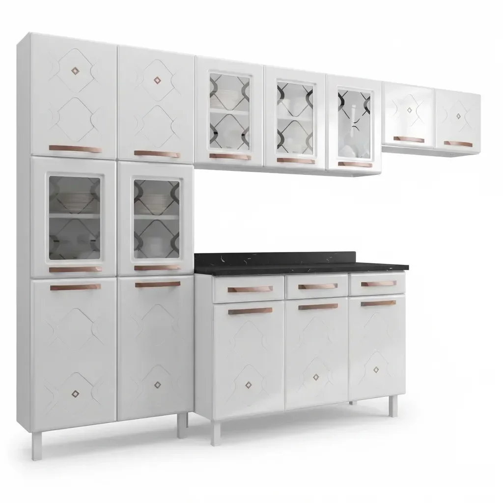 Ver imagem 3 de Cozinha Completa de Aço 4 Peças Decoradas com Paneleiro e Balcão com Tampo Mirage New Branco