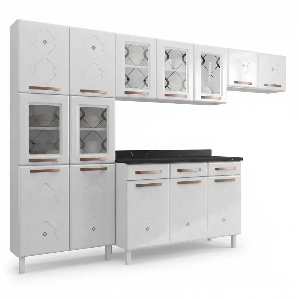 Cozinha Completa de Aço 4 Peças Decoradas com Paneleiro e Balcão com Tampo Mirage New Branco