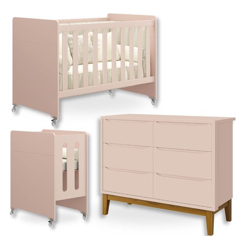 Quarto Bebê Berço Evolution 4 em 1 + Cômoda 6 Gavetas Rosa
