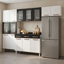 Ver imagem 1 de Cozinha Completa Modulada de Aço 4 Peças Decoradas com Paneleiro e Balcão com Tampo New Yescasa Branco/Preto