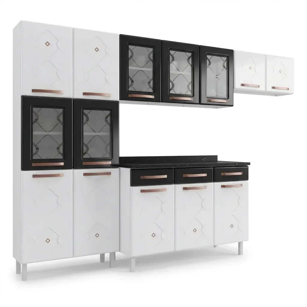 Ver imagem 3 de Cozinha Completa de Aço 4 Peças Decoradas com Paneleiro e Balcão com Tampo Mirage New Preto