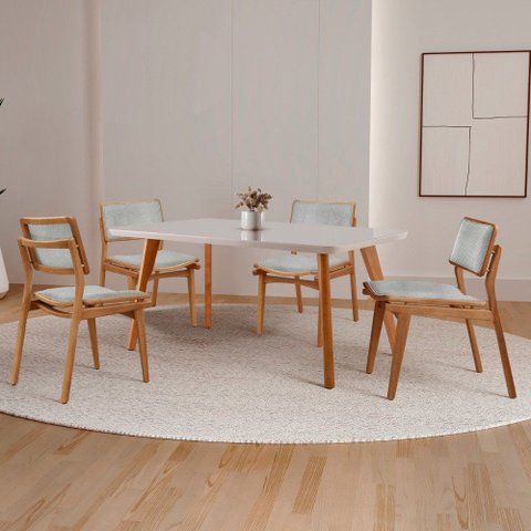 Sala de Jantar Mesa Malta 120cm Tampo Laqueado com Vidro Canto Moeda e 4 Cadeiras Eva