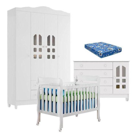 Quarto de Bebê New Selena 4 Portas com Berço Lila e Cômoda Gran Selena Branco Brilho e Colchão