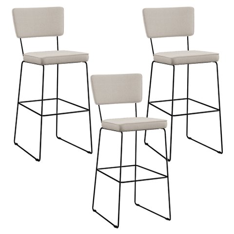 Kit 03 Banquetas Alta para Cozinha Sala de Jantar Base em Aço Fixa Allana L02 Linho Cru - Lyam