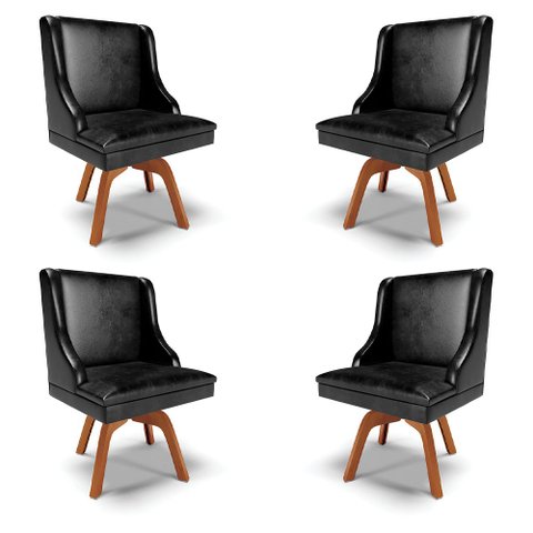 Kit 4 Cadeiras Decorativas Sala de Jantar Base Giratória de Madeira Firenze PU Preto Brilho/Natural 