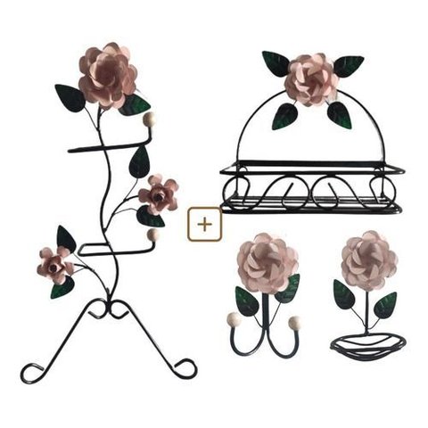 Kit para Banheiro 4 Peças em Ferro com Rosas:rosa