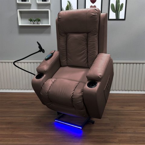 Poltrona do Papai Lift Reclinável Massagem Aquecimento Austin Usb Led Suporte para Celular Pu Marrom