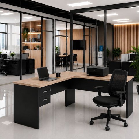 Mesa de Escritório em L 160x60cm com Gaveta + Cadeira de Escritório Ergonômica