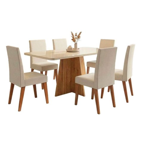Conjunto Sala de Jantar Mesa 1,60m com Vidro Anjos 6 Cadeiras Linho Milano Viero Madeirado - Creme