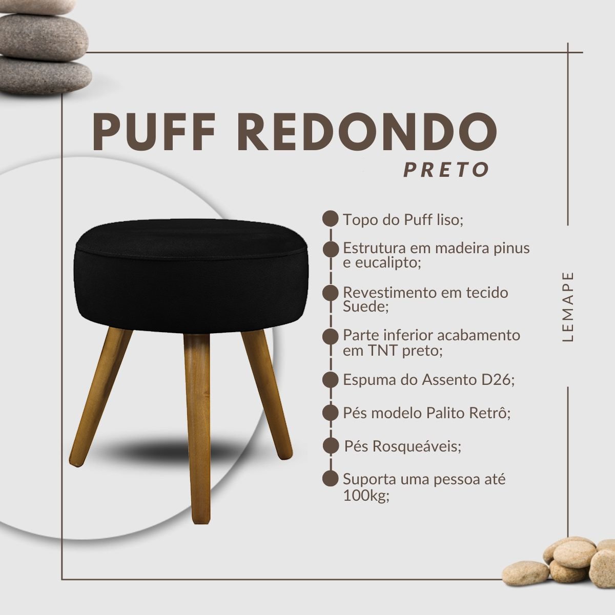 Puff Banqueta Redondo Decoração Pés Palito Suede Preto - 3