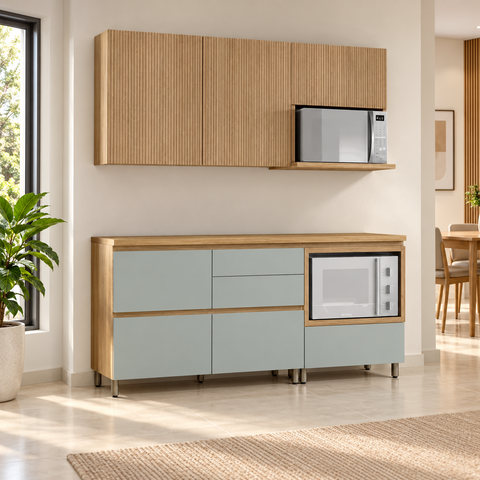 Cozinha Modulada Rainha com 4 Peças 4 Portas 5 Gavetas Ripado em Mdf 190cm de Largura Nesher