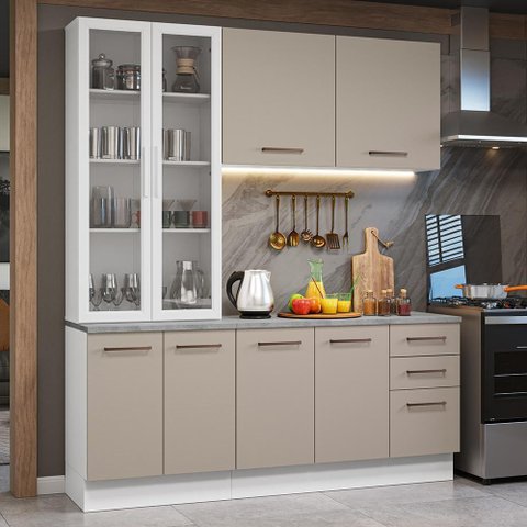 Armário de Cozinha Compacta 190cm com Cristaleira Agata Madesa Branco Crema