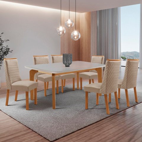 Mesa de Jantar Liz 180cm Tampo MDF Vidro Canto Copo com 6 Cadeiras Carolina