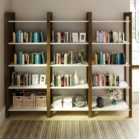 Kit 3 Estantes para Livros 15 Prateleiras Biblioteca Az Premium Espresso Móveis Branco/Nogal