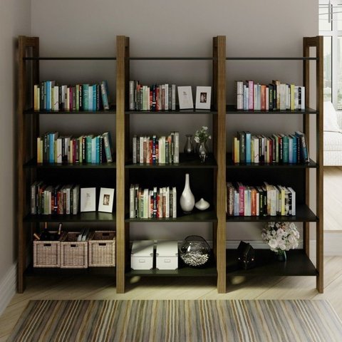 Kit 3 Estantes para Livros 15 Prateleiras Biblioteca Az Premium Espresso Móveis Preto/Nogal