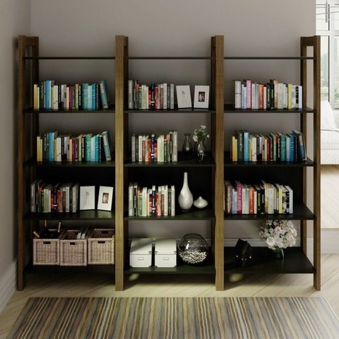 Kit 3 Estantes para Livros 15 Prateleiras Biblioteca Az Premium Espresso Móveis Preto/Nogal
