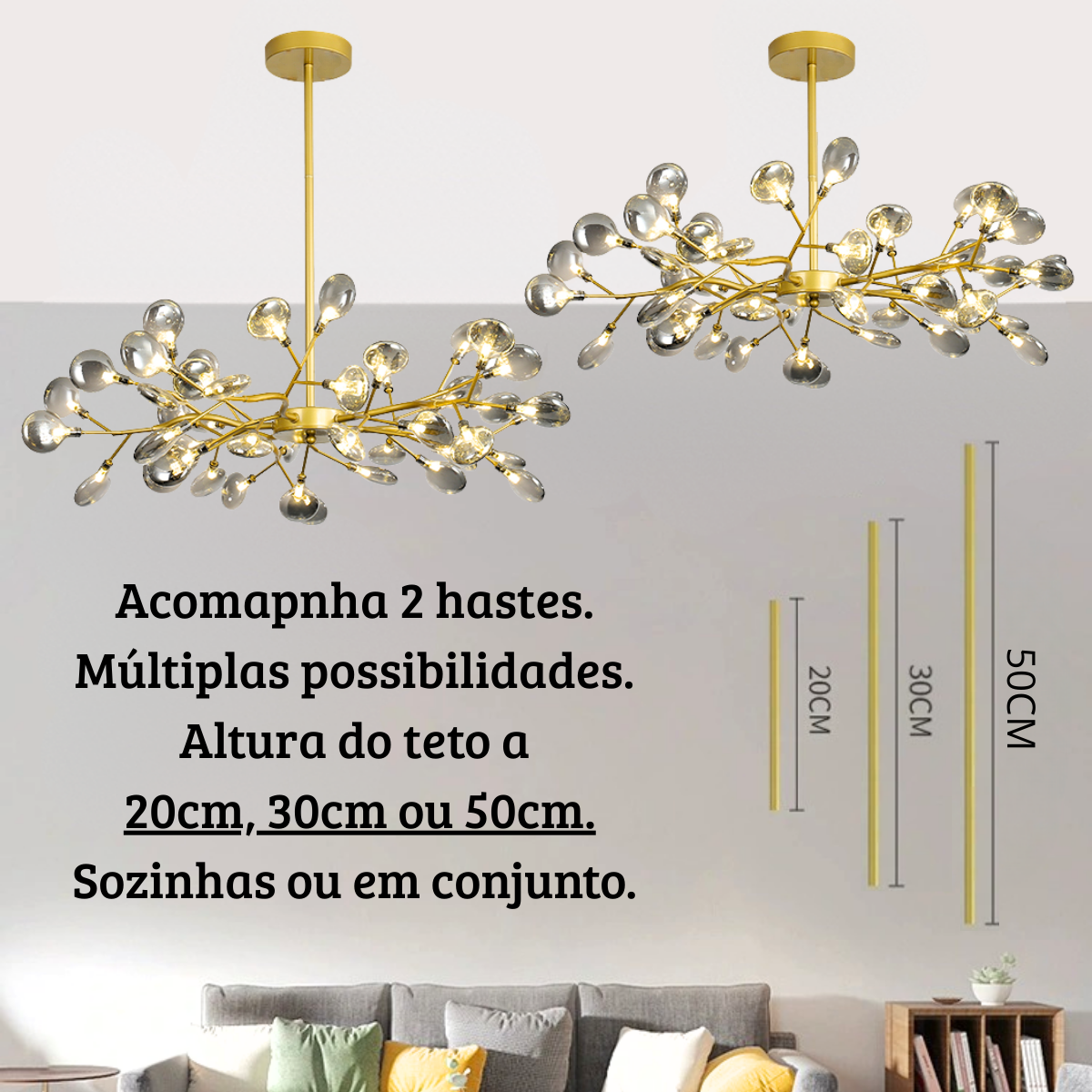 Lustre Teto 85cm Ramos de Árvore 45 Leds Luminária Metal Dourado Gimpo Ra-45-gold-ash - 11